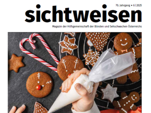 Cover von den sichtweisen mit dem Text "sichtweisen Magazin der Hilfsgemeinschaft". Am Cover ist ein Foto von einer Weihnachtsbäckerei