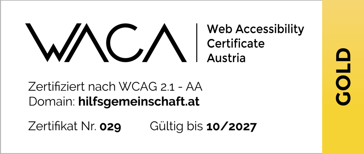 Ein Zertifikat aus einem großen weißen und einem kleinen goldenen Teil. Die wichtigsten Infos: Zertifiziert nach WCAG 2.1 - AA, Zertifikat Nr. 029, gültig bis 10/2027