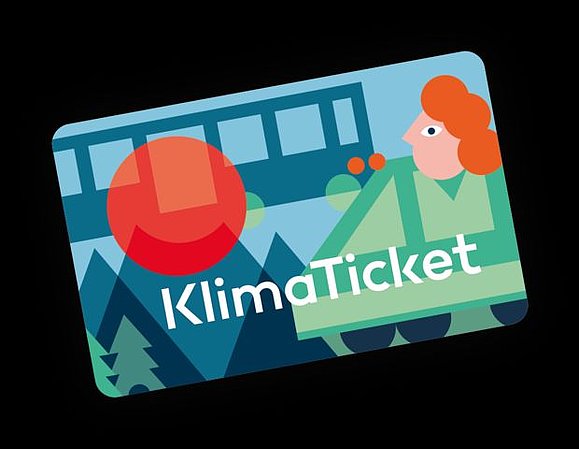 Karte mit Aufschrift Klimaticket und Person mit roten Haaren neben Bäumen und Zug.