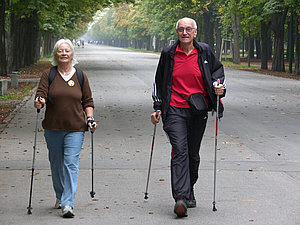 Eine Frau und ein Mann gehen mit Stöcken auf einer breiten und langen Allee mit Bäumen.