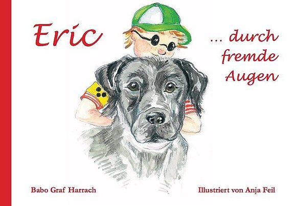 Buchcover mit Illustration: schwarzer Labrador der von einem Jungen mit Armbinde und grüner Kappe umarmt wird.