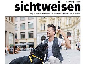 Cover Magzin sichtweisen mit Foto eines Mannes mit weißem Stock und seinem Blindenführhund.