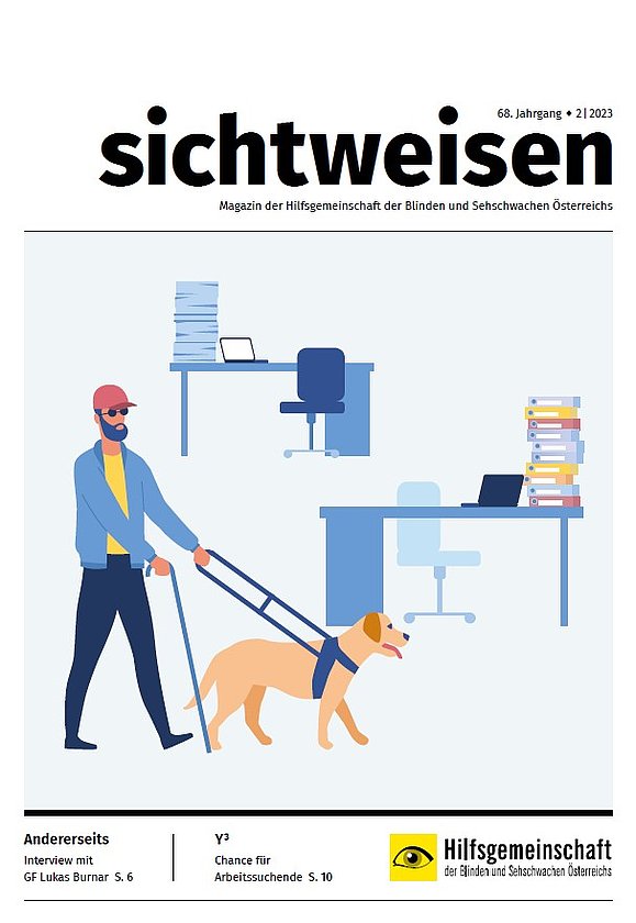 Coverbild Magazin sichtweisen: Illustrierter Mann mit Blindenführhund vor Büroschreibtischen