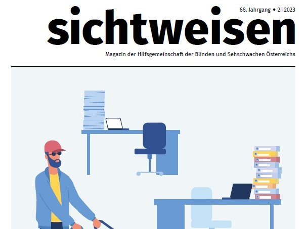 Coverbild Magazin sichtweisen: Illustrierter Mann mit Blindenführhund vor Büroschreibtischen