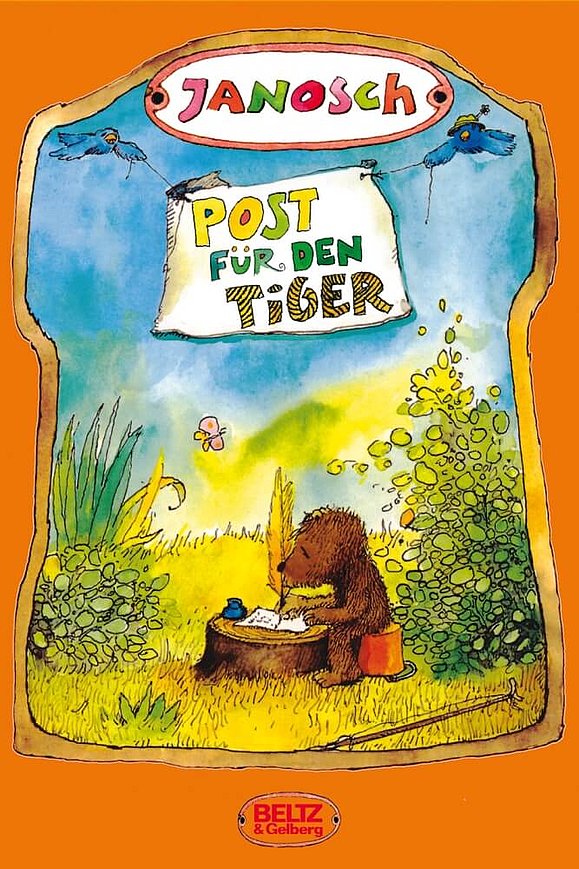 Oranges Buchcover Tiger schreibt am Tisch: Post für den Tiger - Janosch