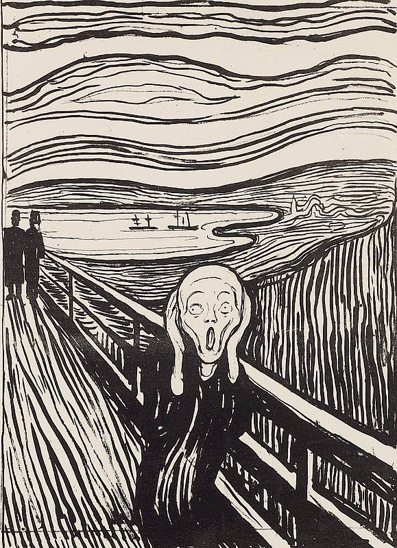 Zeichnung von schreiender Person auf Brücke, die sich mit den Händen an die Wangen greift.