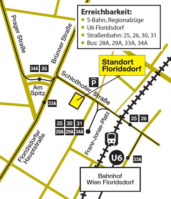 Ein Orientierungsplan, auf dem Straßen und Stationen des öffentlichen Verkehrs eingezeichnet sind. Mit einem gelben Feld ist der Standort der Hilfsgemeinschaft gekennzeichnet.