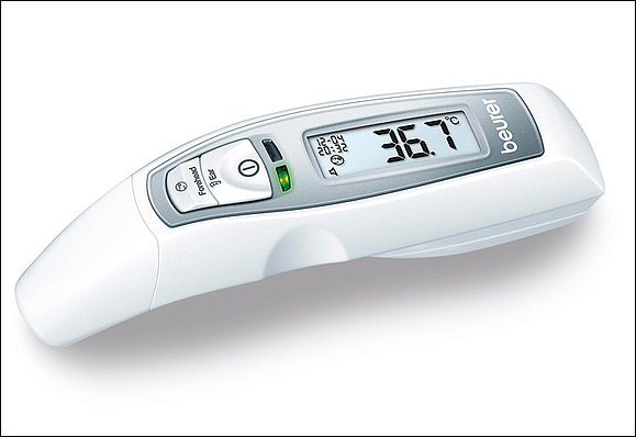 Weiß-grauer sprechender Fieberthermometer mit Digitalanzeige. Copyright: Beurer