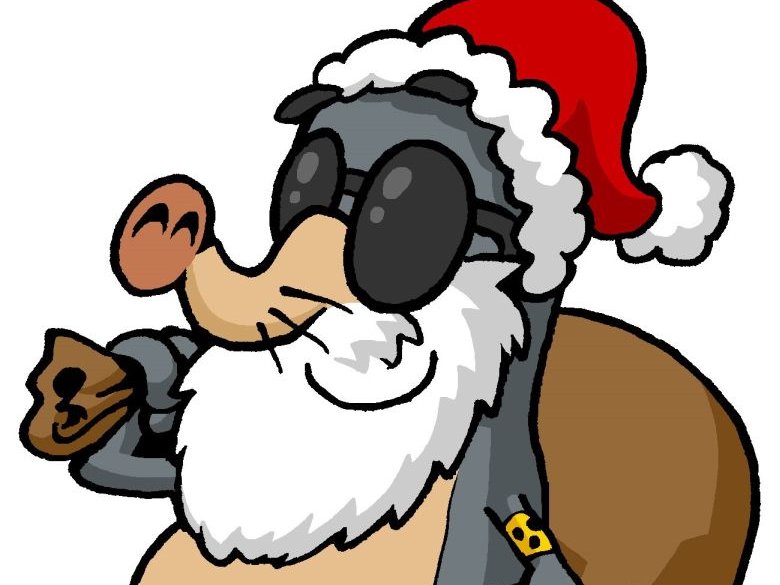 Maskottchen AUGust verkleidet als Weihnachtsmann. Ein Maulwurf mit Brille und Armbinde trägt einen weißen Bart, einen braunen Geschenkesach und eine rot-weiße Mütze.