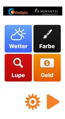 Am Startbildschirm der App befinden sich die Buttons für die Funktionen Wetter, Farberkennung, Lupe, Geldscheinerkennung und Einstellungen. 