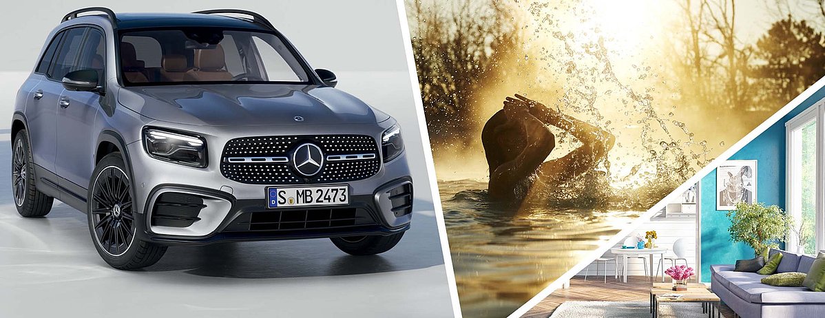 3 Bilder: Ein graues Mercedes Auto, eine Frau die aus dem Wasser auftaucht und ein Wohnzimmer.