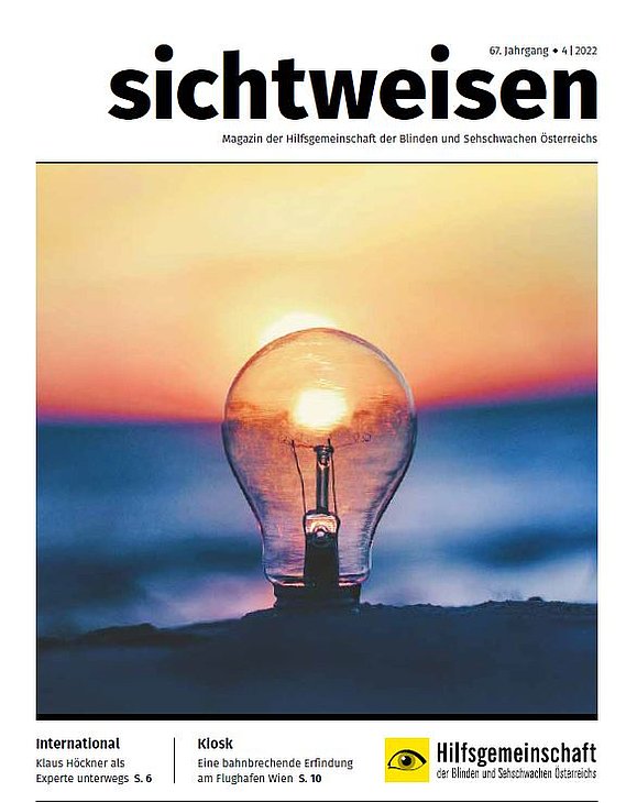 Cover Sichtweisen-Magazin: Glühbirne mit Sonnenuntergang im Hintergrund