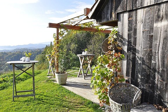 Holzhaus mit Veranda mit Wein bewachsen, davor Stehtische und Blick auf die Weinberge im Hintergrund