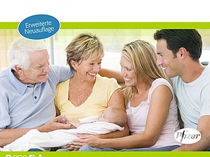 Abbildung eines Buchcovers auf dem sich ein älteres Pärchen und ein jüngeres Pärchen anlächelt, die vier Personen sitzen nebeneinander, die ältere Frau hält ein Baby im Arm