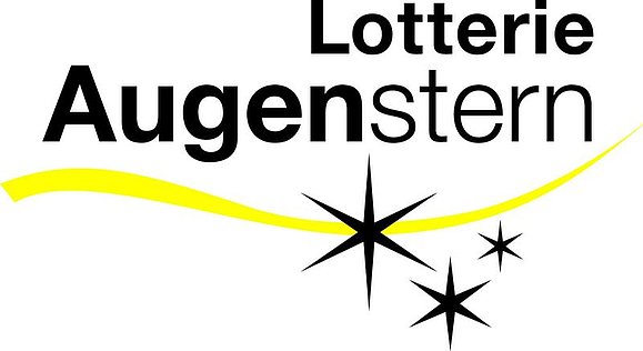Logo mit Schriftzug "Lotterie Augenstern", darunter gelbe Welle und 3 Sterne.