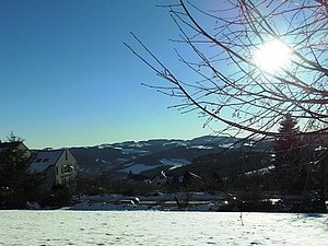 Schneelandschaft mit Bergen, Bäumen und Häusern.