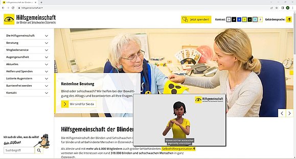 Screenshot der kontrastreichen Startseite von hilfsgemeinschaft.at zeigt Avatar Funktion
