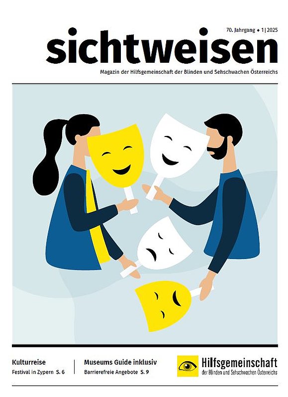 Cover der ersten Ausgabe des sichtweisen Magazins 2025. Icons eines Mannes und einer Frau in blauen Oberteilen sind einander zugewandt und haben lachende und weinende Masken in den Händen.