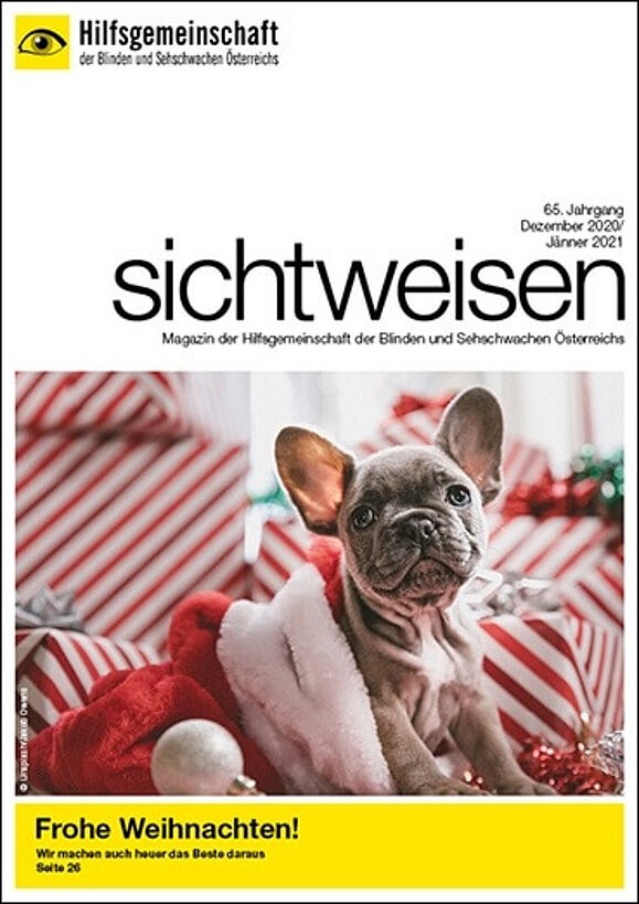 sichtweisen-Cover, am Cover ein Hund neben einer Weihnachtsmannmütze darunter steht "Frohe Weihnachten! - Wir machen auch heuer das Beste daraus.".