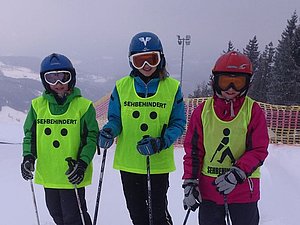 drei Kinder auf Skiern mit Helm und Skibrille sowie neongelbem Trikot mit 3 Punkten und Aufschrift SEHBEHINDERT