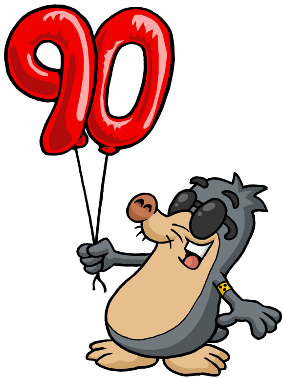 Maskottchen AUGust mit dem Zahlenluftballon 90