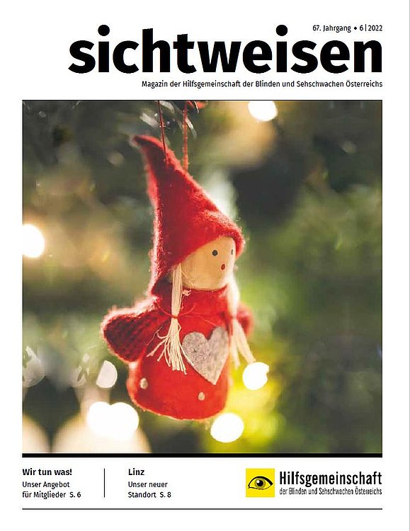 Cover Magazin Sichtweisen: kleines Stoffmännchen mit roter Zipfelmütze und rotem Pullover mit Herz