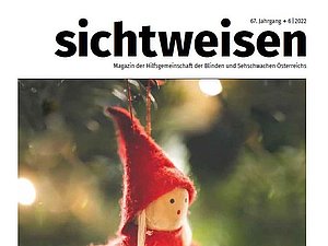 Cover Magazin Sichtweisen: kleines Stoffmännchen mit roter Zipfelmütze und rotem Pullover mit Herz
