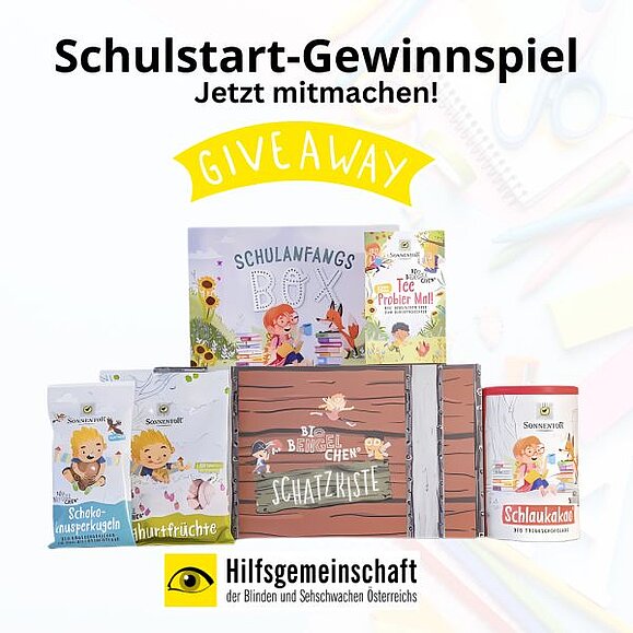Grafik mit einem Goodie-Paket von Sonnentor, drüber der Text Schulstart-Verlosung: Jetzt mitmachen!
