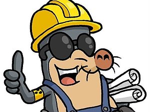 Unser Maskottchen AUGust trägt einen gelben Bauerarbeiter-Helm und eine blaue Bauarbeiter-Hose sowie Baupläne. Er zeigt den Daumen nach oben und lächelt.