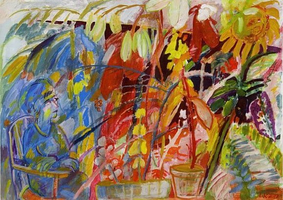 Abstrakte Kunst mit vielen Farben und erkennbaren Schemen einer sitzenden Frau und Pflanzen