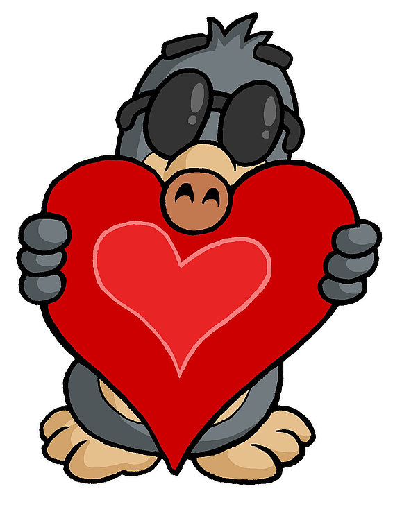 Comic: Unser Maskottchen der blinde Maulwurf AUGust trägt zeigt ein großes, rotes Herz.