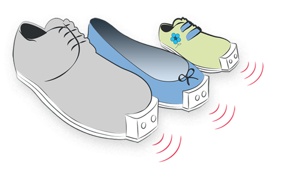 3 verschiedene Schuhe stehen nebeneinander. Vorne haben sie einen eckigen Aufsatz, der Signale abgibt.