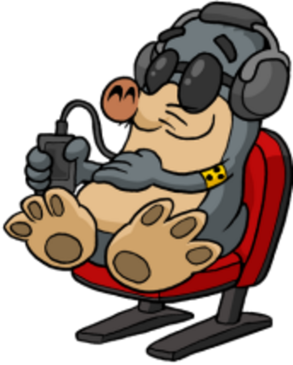 Ein Maulwurf mit Sonnenbrille und Armbinde sitzt auf einem roten Sessel und hat ein Audio-Empfangsgerät mit Kopfhörern auf.