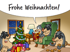 MAULwurf-Familie mit Weihnachtsbaum und Schriftzug "Frohe Weihnachten"
