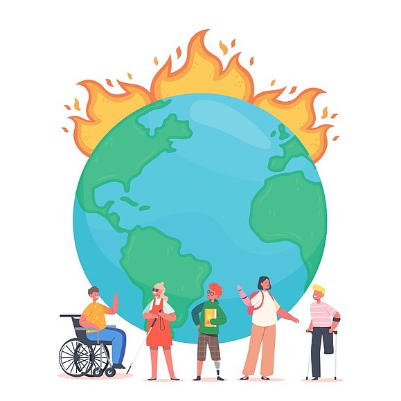 Illustration: brennender Globus und 5 Personen mit verschiedenen Menschen mit Behinderungen im Rollstuhl, mit Langstock, Beinprothese, Armprothese und verkürztem Bein