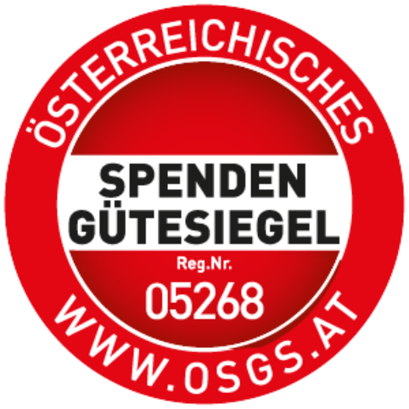 Rotes, kreisförmiges Logo mit Aufschrift "Österreichisches Spendengütesiegel - Reg. Nr. 05268 - www.osgs.at".