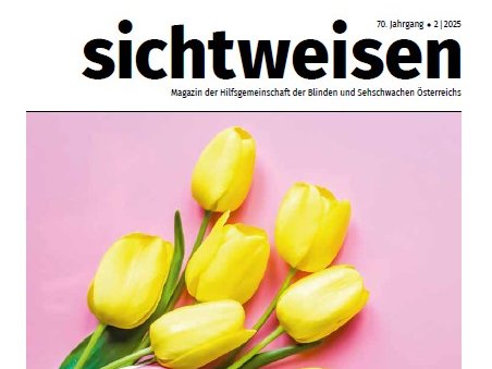 Cover der zweiten Ausgabe des sichtweisen Magazins 2025. Mehrere gelbe und zwei rosa Tulpen liegen auf einem rosa Hintergrund.