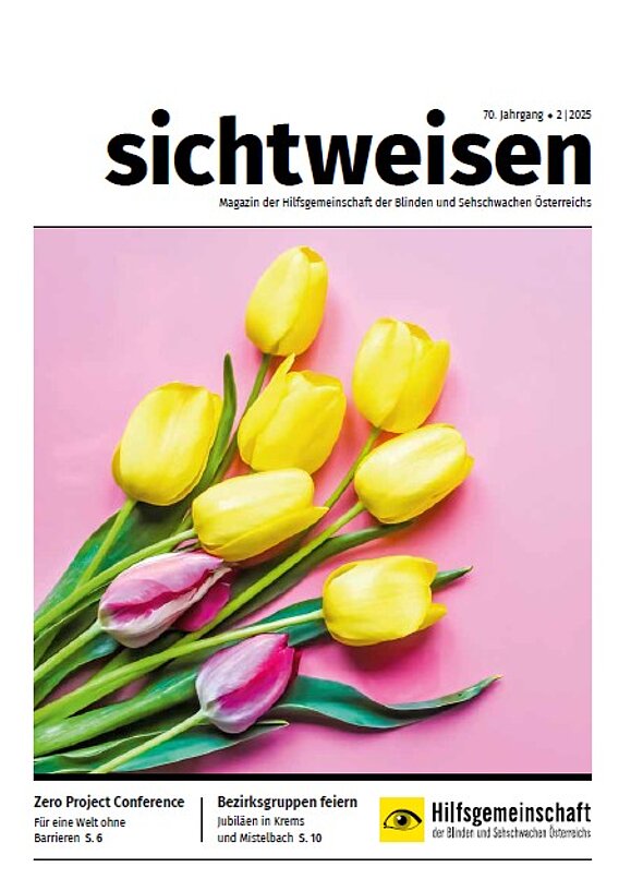 Cover der zweiten Ausgabe des sichtweisen Magazins 2025. Mehrere gelbe und zwei rosa Tulpen liegen auf einem rosa Hintergrund.