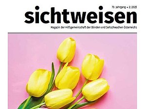 Cover der zweiten Ausgabe des sichtweisen Magazins 2025. Mehrere gelbe und zwei rosa Tulpen liegen auf einem rosa Hintergrund.