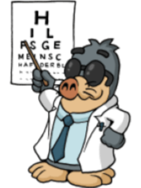 Maulwurf AUGust mit Brille und Ärztemantel zeigt mit einem Zeigestab auf eine Tafel mit Buchstaben.