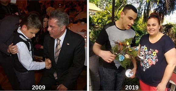 Zwei Bilder: "Sehsternchen" Adriano 2009 zu Besuch beim ehemaligen Bundespräsidenten Heinz Fischer (links) und mit seiner Mutter beim Blumenkranz basteln (rechts).
