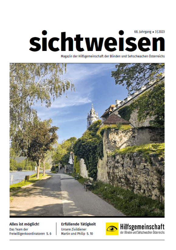 Cover des Magazins sichtweisen in weiß mit schwarzer Überschrift: Sichtweisen. Coverbild ist eine Promenade neben einem Fluss, rechts davon Burgmauern und ein Turm in der Ferne