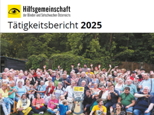 Unser Tätigkeitsbericht 2025 Cover vom Tätigkeitsbericht mit dem Logo der Hilfsgemeinschaft und einem Foto vom Jubiläumsfest mit einem Gruppenfoto