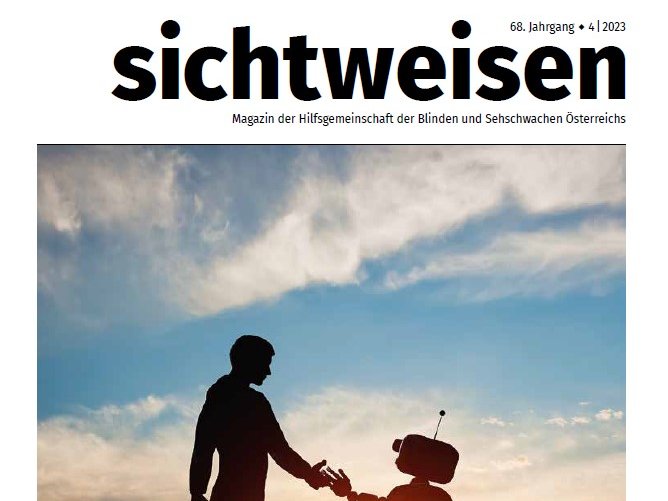 Cover des Magazins sichtweisen der Hilfsgemeinschaft: 68. Jahrgang Ausgabe 4 2023. Foto: Schatten einer Person reicht Roboter die Hand.