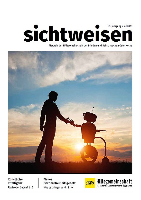 Cover des Magazins sichtweisen der Hilfsgemeinschaft: 68. Jahrgang Ausgabe 4 2023. Foto: Schatten einer Person reicht Roboter die Hand.