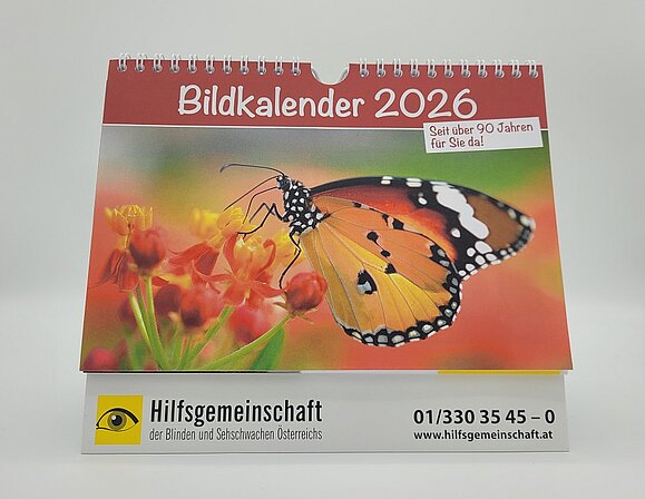Foto von der Startseite vom Bildkalender. Es ist ein Schmetterling abgebildet und es steht "Bildkalender 2026"