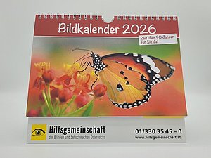Foto von der Startseite vom Bildkalender. Es ist ein Schmetterling abgebildet und es steht "Bildkalender 2026"
