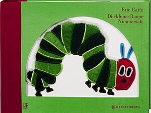 Cover des Kinderbuches mit tastbarer Stoffraupe in grün-rot.