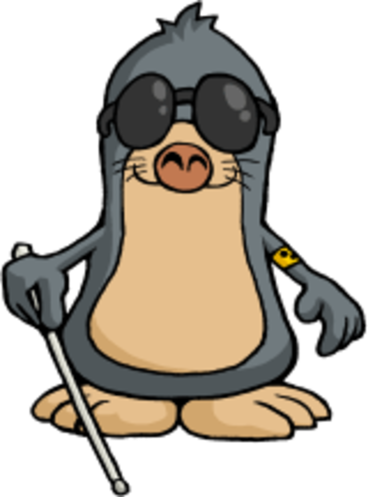 Ein Maulwurf mit Sonnenbrille, weißem Stock und Armbinde in Frontalansicht.