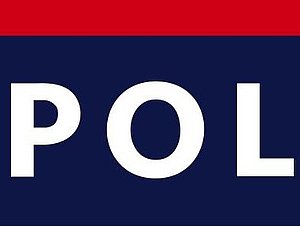 Logo Polizei LPD_weiße schrift "Polizei" auf blauem Hintergrund und roter Streifen oben